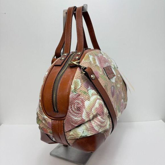 Patricia Nash Crackled Rose Garden Straw Collection Satchel Tan Pink - Picture 3 of 10